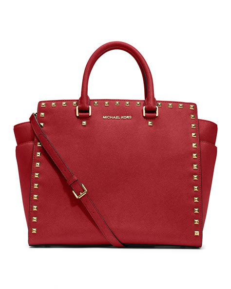 michael kors large selma studded saffiano tote red|sullivan large multifunction leather tote.